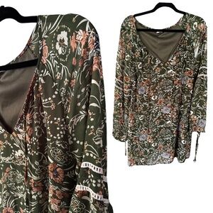 Entro M Olive Green Floral Peasant Tunic